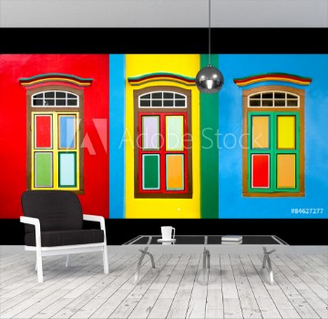 Bild på Collage of 3 colorful windows on the facade of a house in Little India Singapore